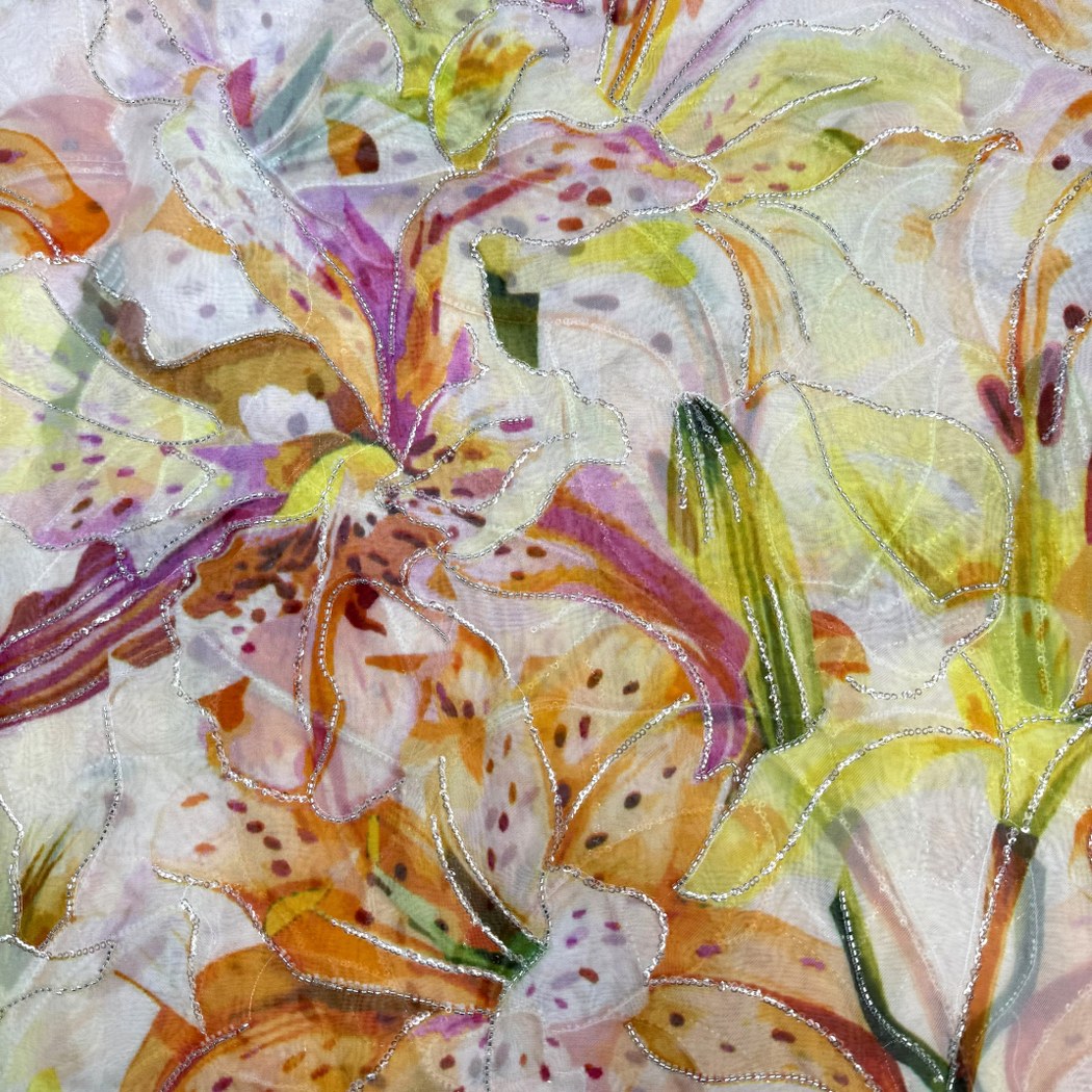 Viscose Organza Position Print With Zari Sequins Embroidery