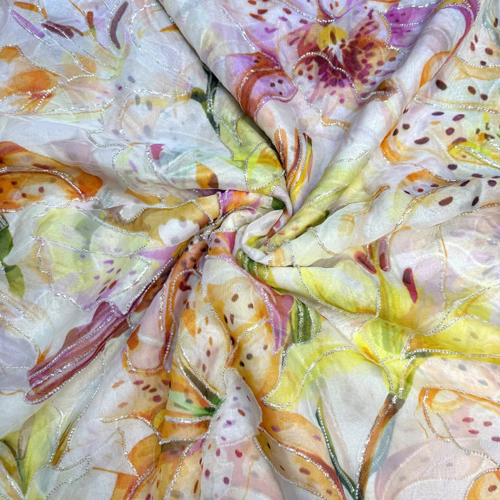 Viscose Organza Position Print With Zari Sequins Embroidery