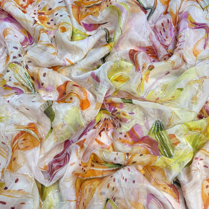 Viscose Organza Position Print With Zari Sequins Embroidery