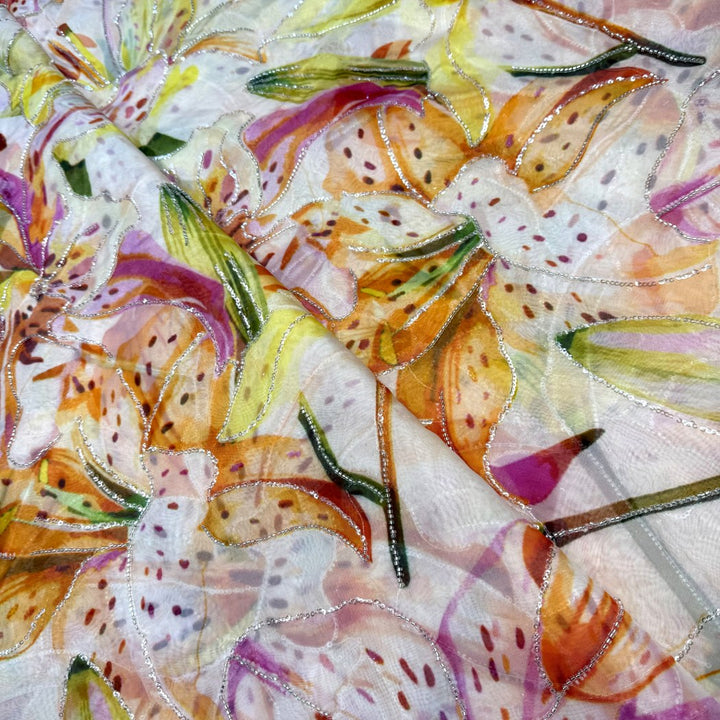 Viscose Organza Position Print With Zari Sequins Embroidery