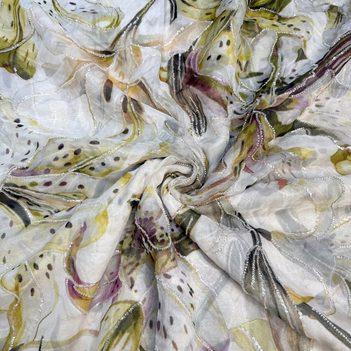 Viscose Organza Position Print With Zari Sequins Embroidery