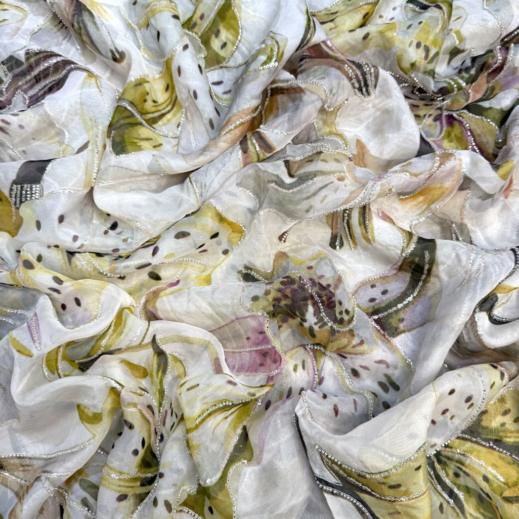 Viscose Organza Position Print With Zari Sequins Embroidery