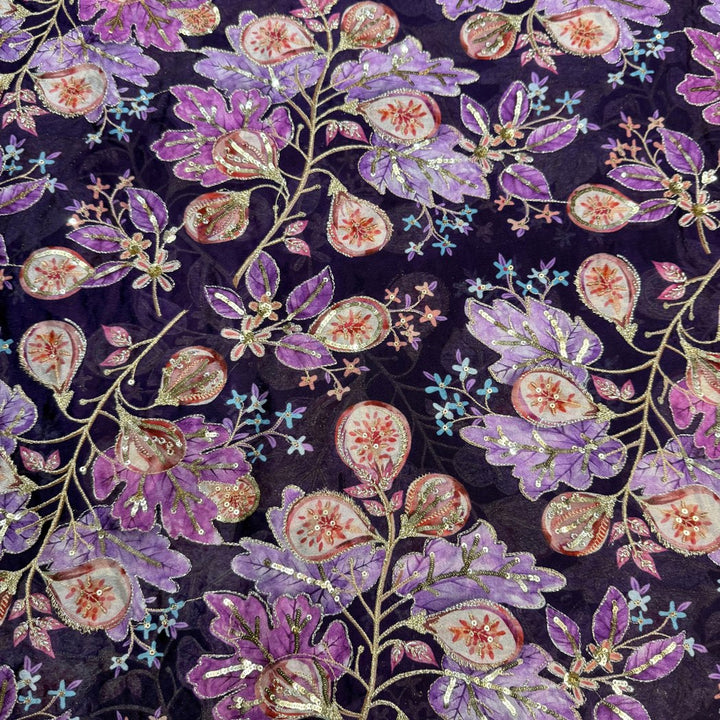 Viscose Organza Position Print With Zari Sequins Embroidery