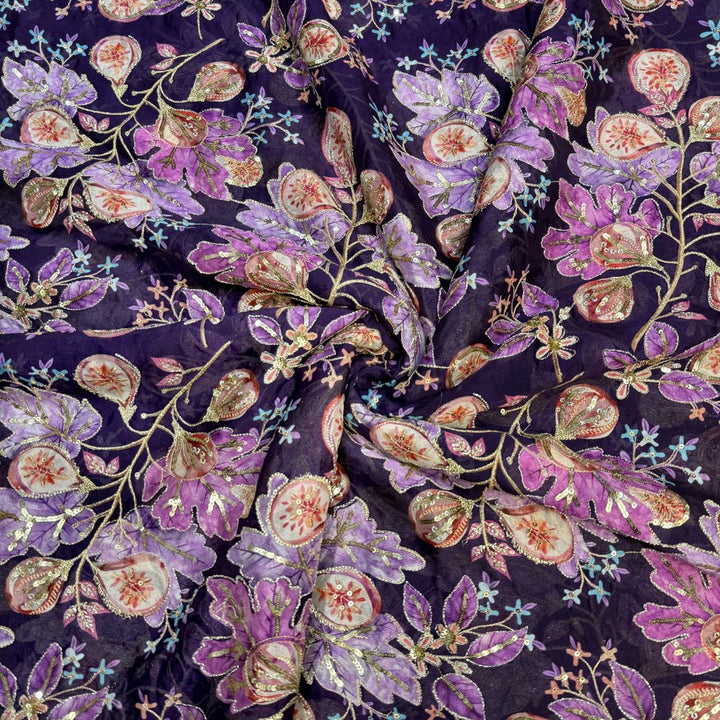 Viscose Organza Position Print With Zari Sequins Embroidery