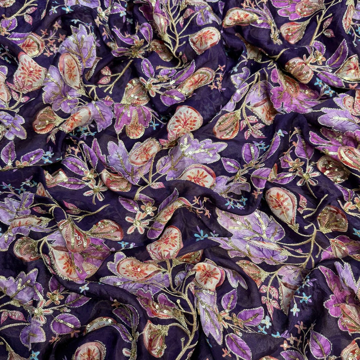 Viscose Organza Position Print With Zari Sequins Embroidery