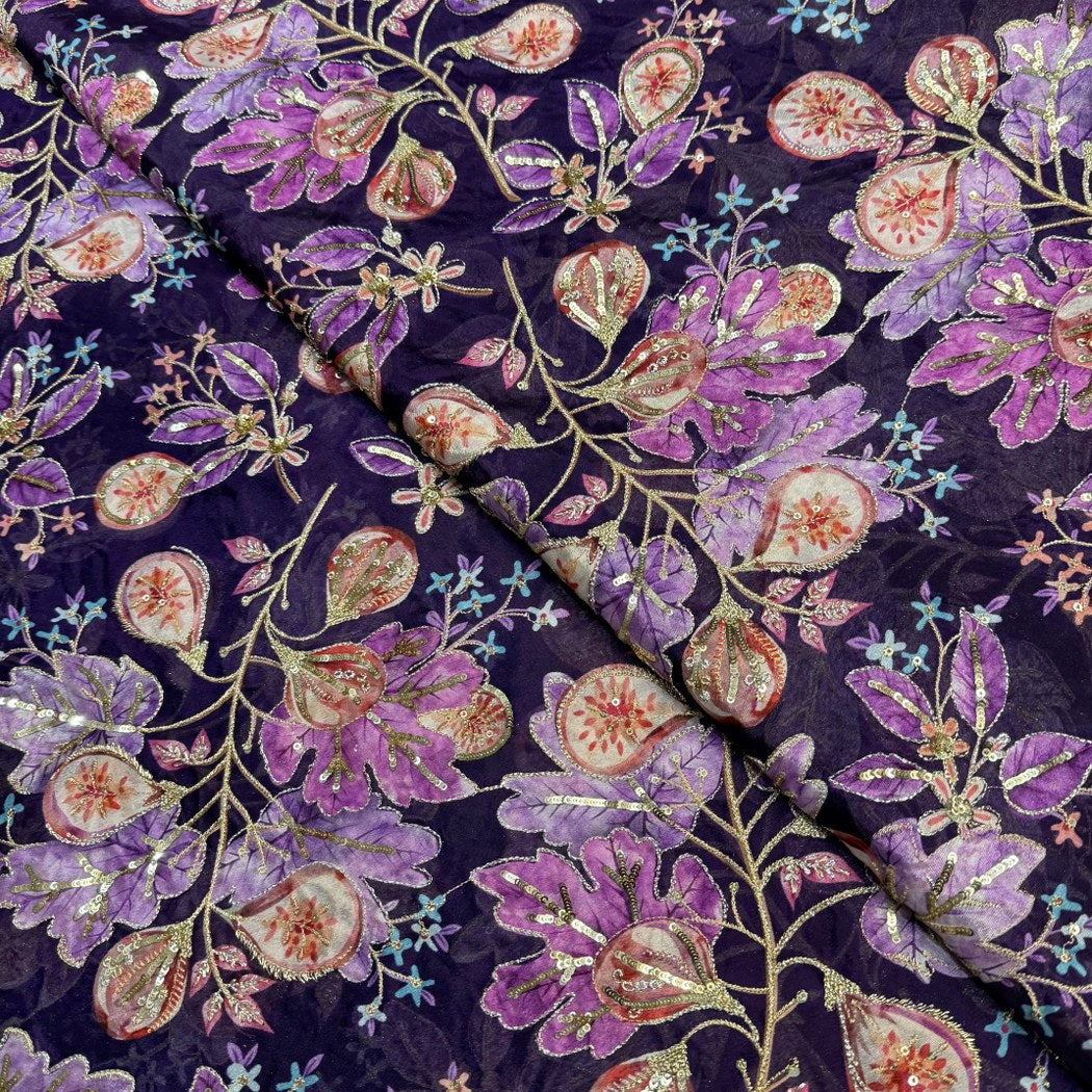 Viscose Organza Position Print With Zari Sequins Embroidery