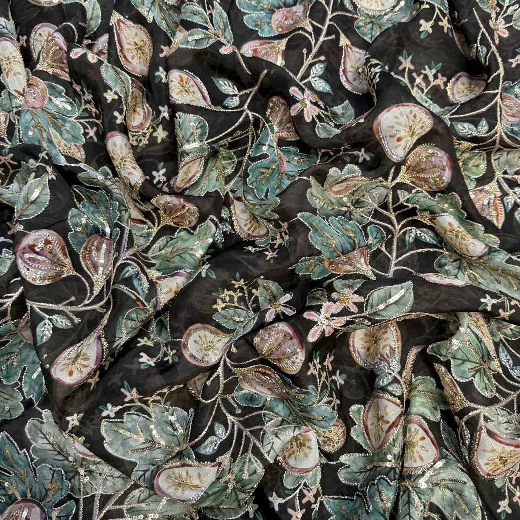 Viscose Organza Position Print With Zari Sequins Embroidery