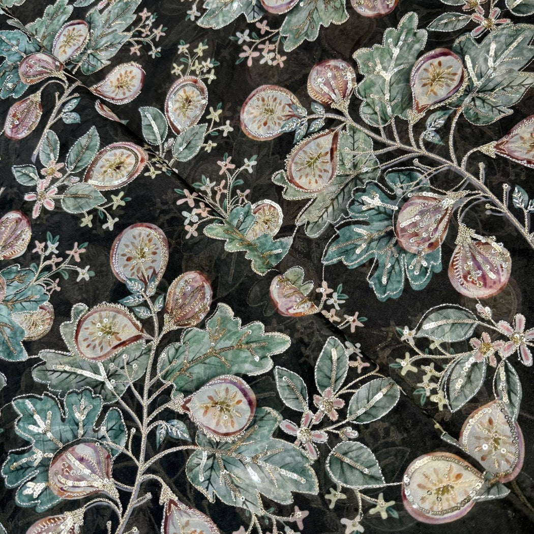 Viscose Organza Position Print With Zari Sequins Embroidery