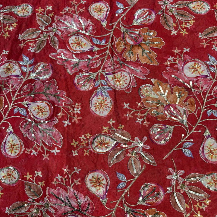 Viscose Organza Position Print With Zari Sequins Embroidery