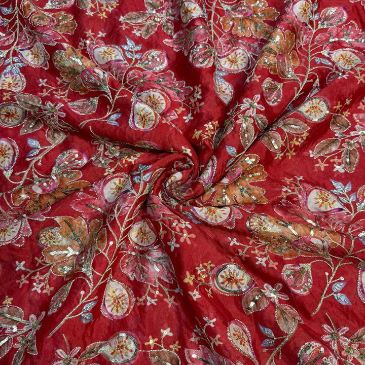 Viscose Organza Position Print With Zari Sequins Embroidery