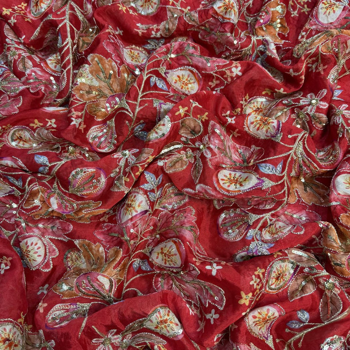 Viscose Organza Position Print With Zari Sequins Embroidery