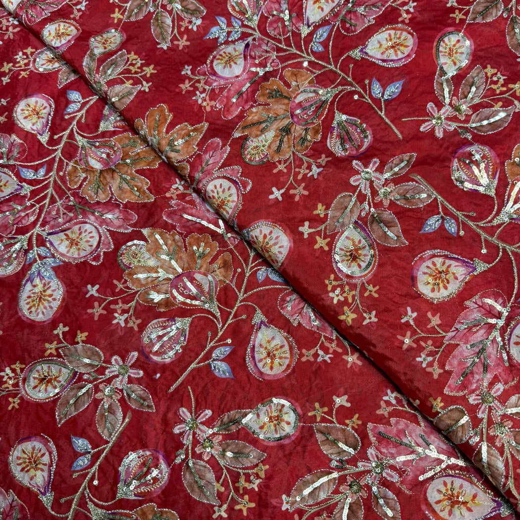 Viscose Organza Position Print With Zari Sequins Embroidery