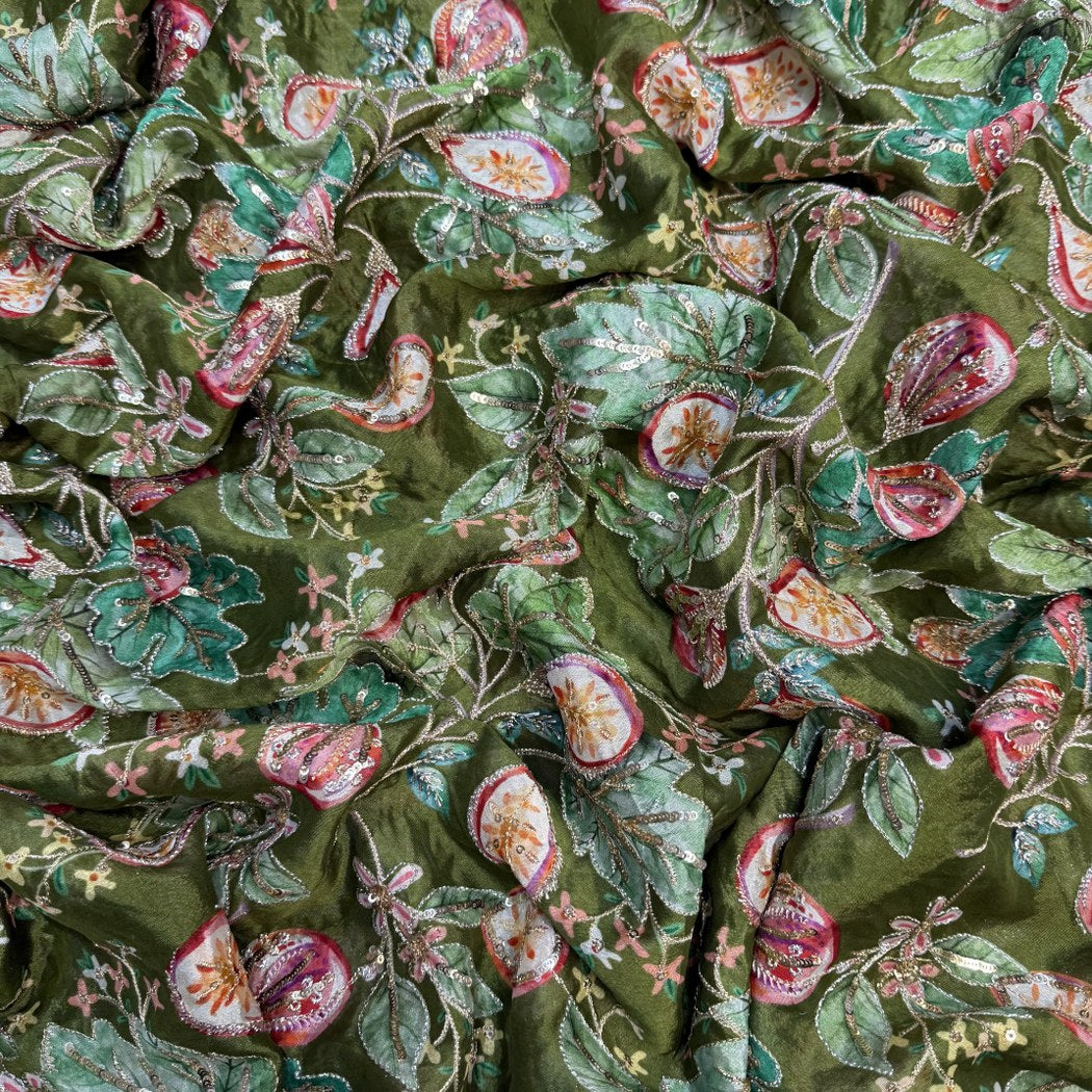 Viscose Organza Position Print With Zari Sequins Embroidery