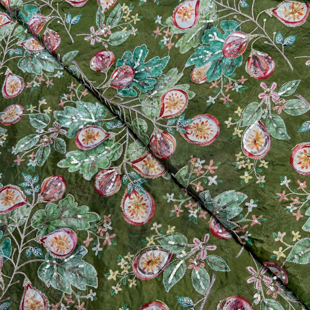 Viscose Organza Position Print With Zari Sequins Embroidery