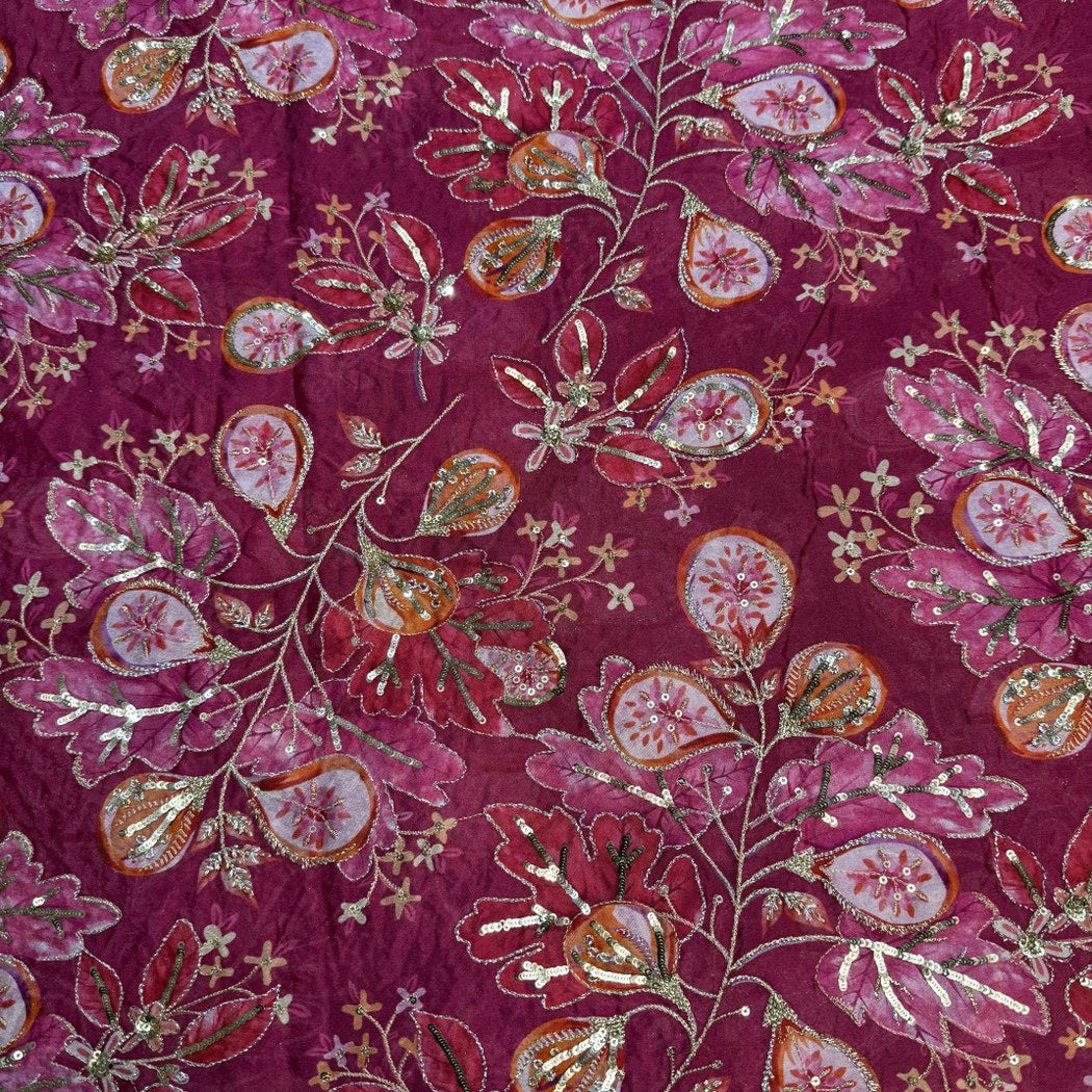 Viscose Organza Position Print With Zari Sequins Embroidery