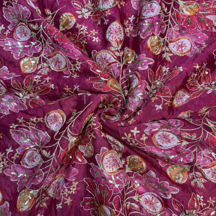 Viscose Organza Position Print With Zari Sequins Embroidery