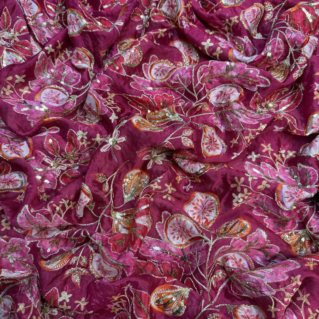 Viscose Organza Position Print With Zari Sequins Embroidery