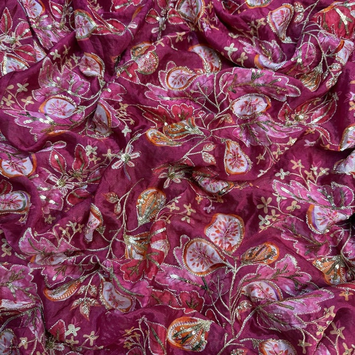 Viscose Organza Position Print With Zari Sequins Embroidery