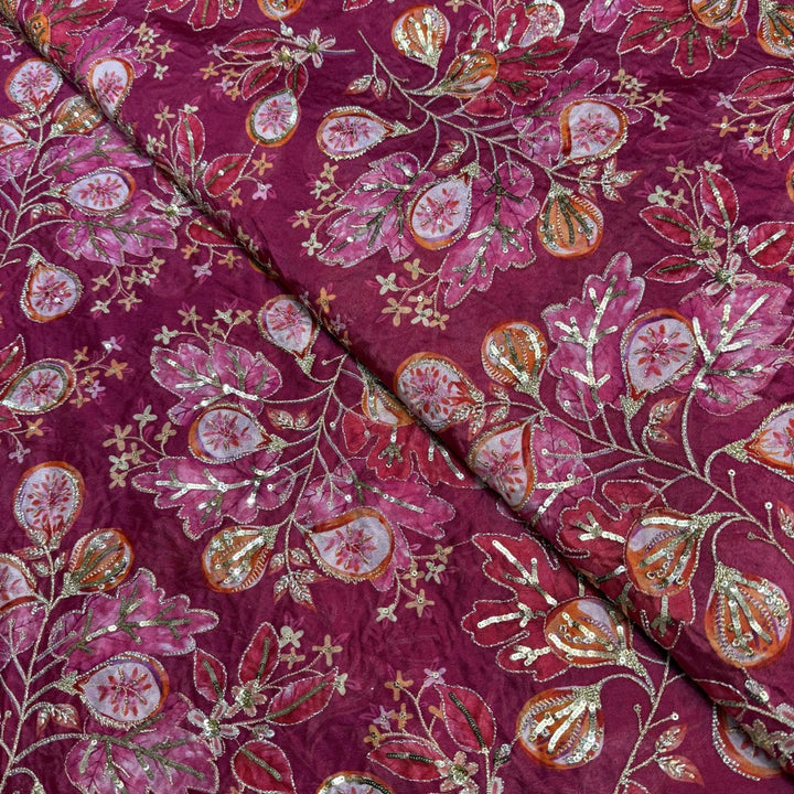 Viscose Organza Position Print With Zari Sequins Embroidery