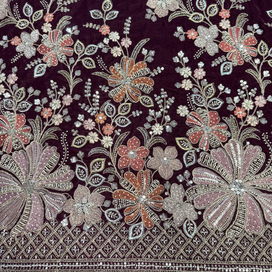 Velvet Moti Thread With Sequins Embroidery Fabrics
