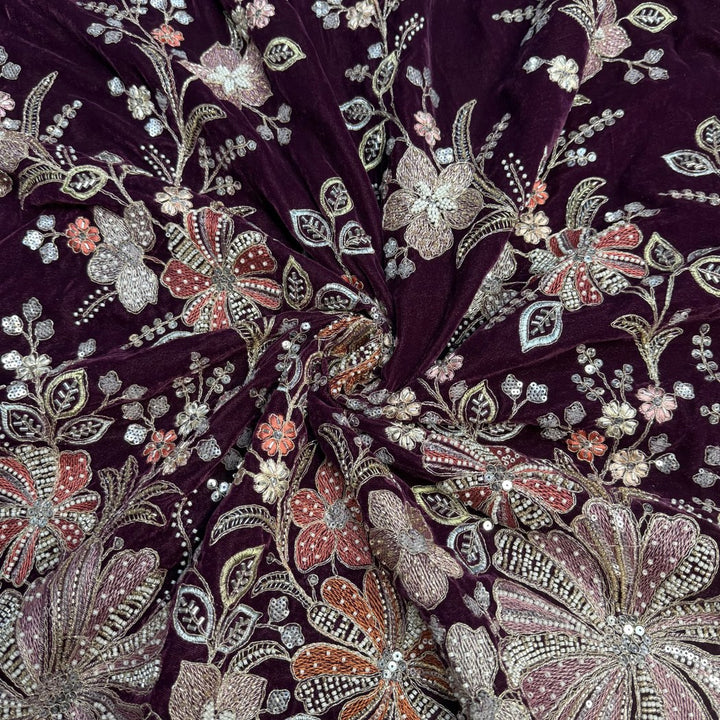 Velvet Moti Thread With Sequins Embroidery Fabrics