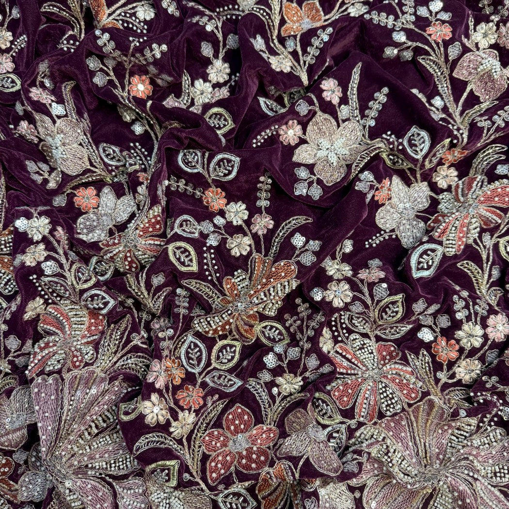 Velvet Moti Thread With Sequins Embroidery Fabrics