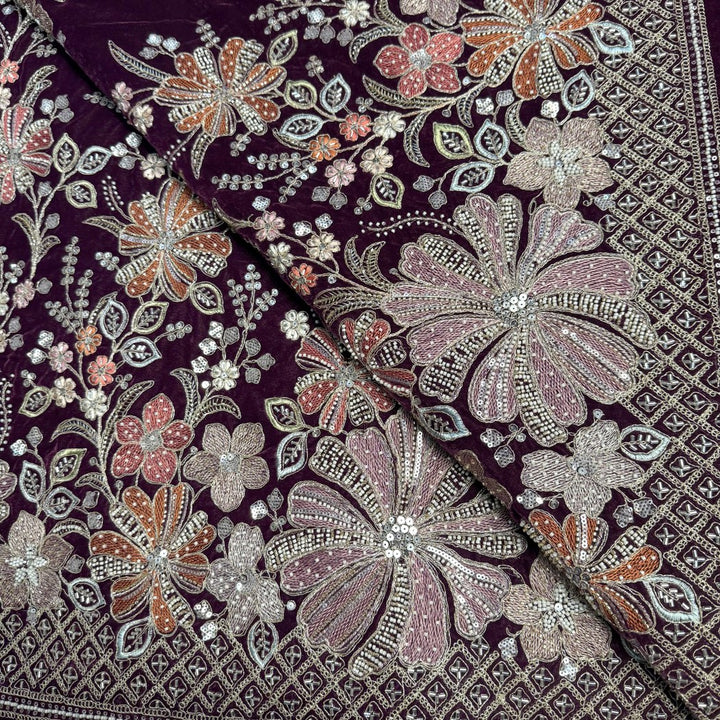 Velvet Moti Thread With Sequins Embroidery Fabrics