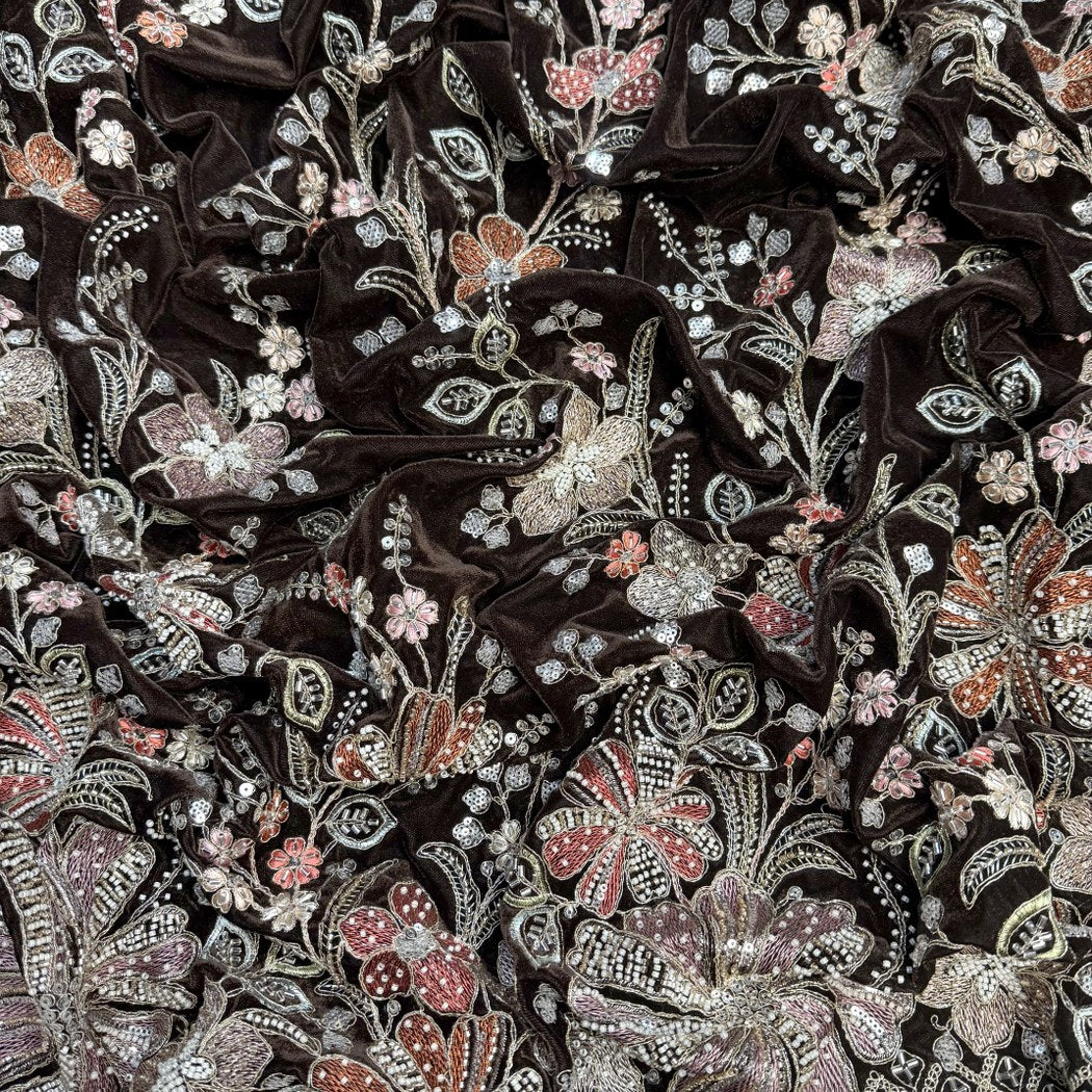 Velvet Moti Thread With Sequins Embroidery Fabrics