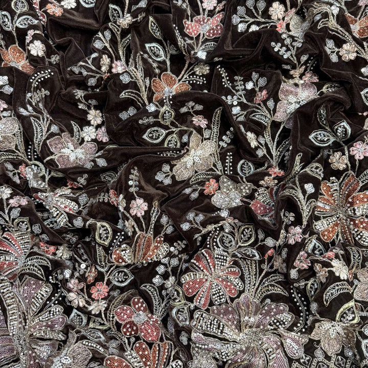 Velvet Moti Thread With Sequins Embroidery Fabrics