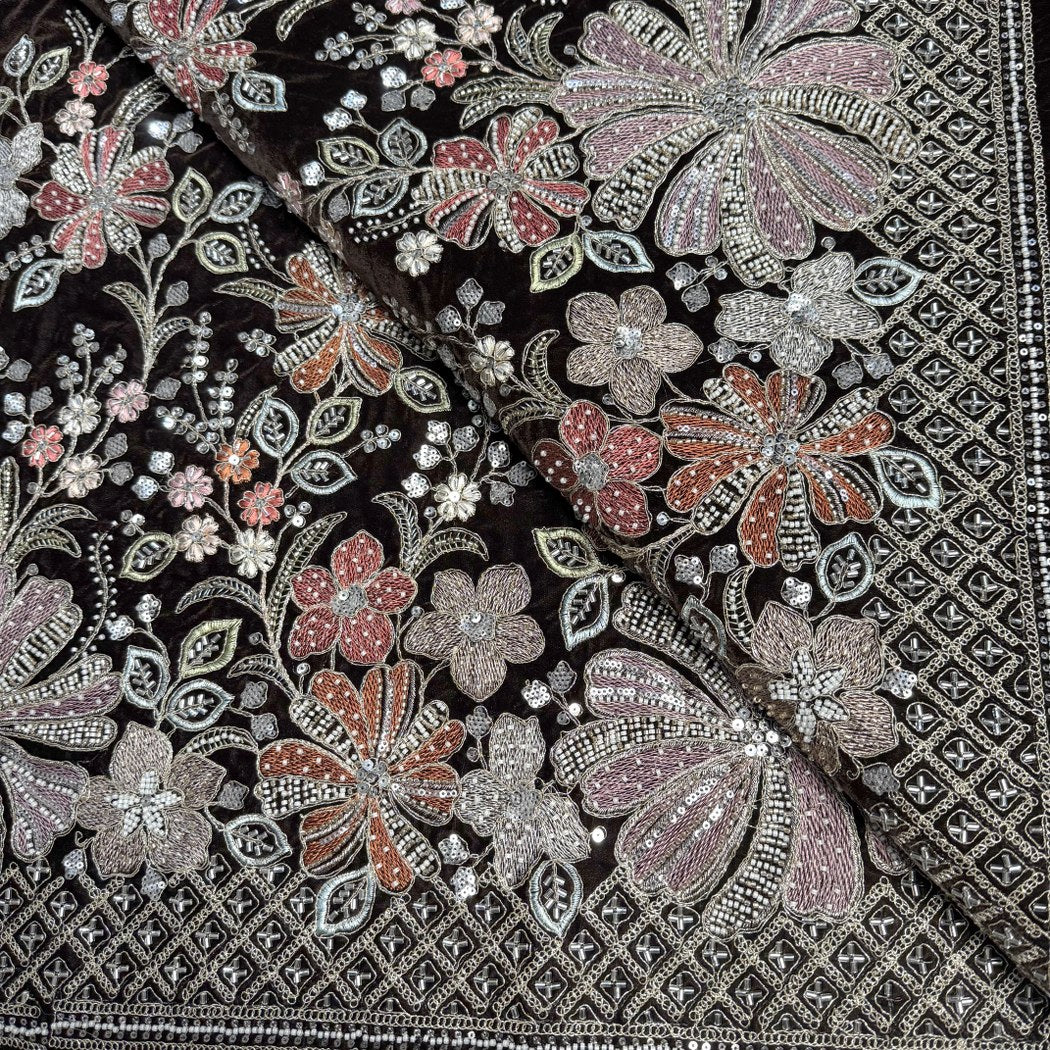 Velvet Moti Thread With Sequins Embroidery Fabrics
