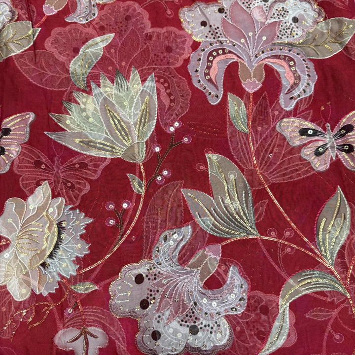 Viscose Organza Position Print With Sequins Embroidery