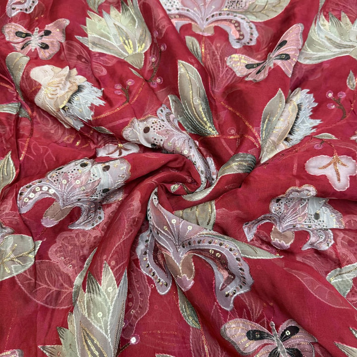 Viscose Organza Position Print With Sequins Embroidery