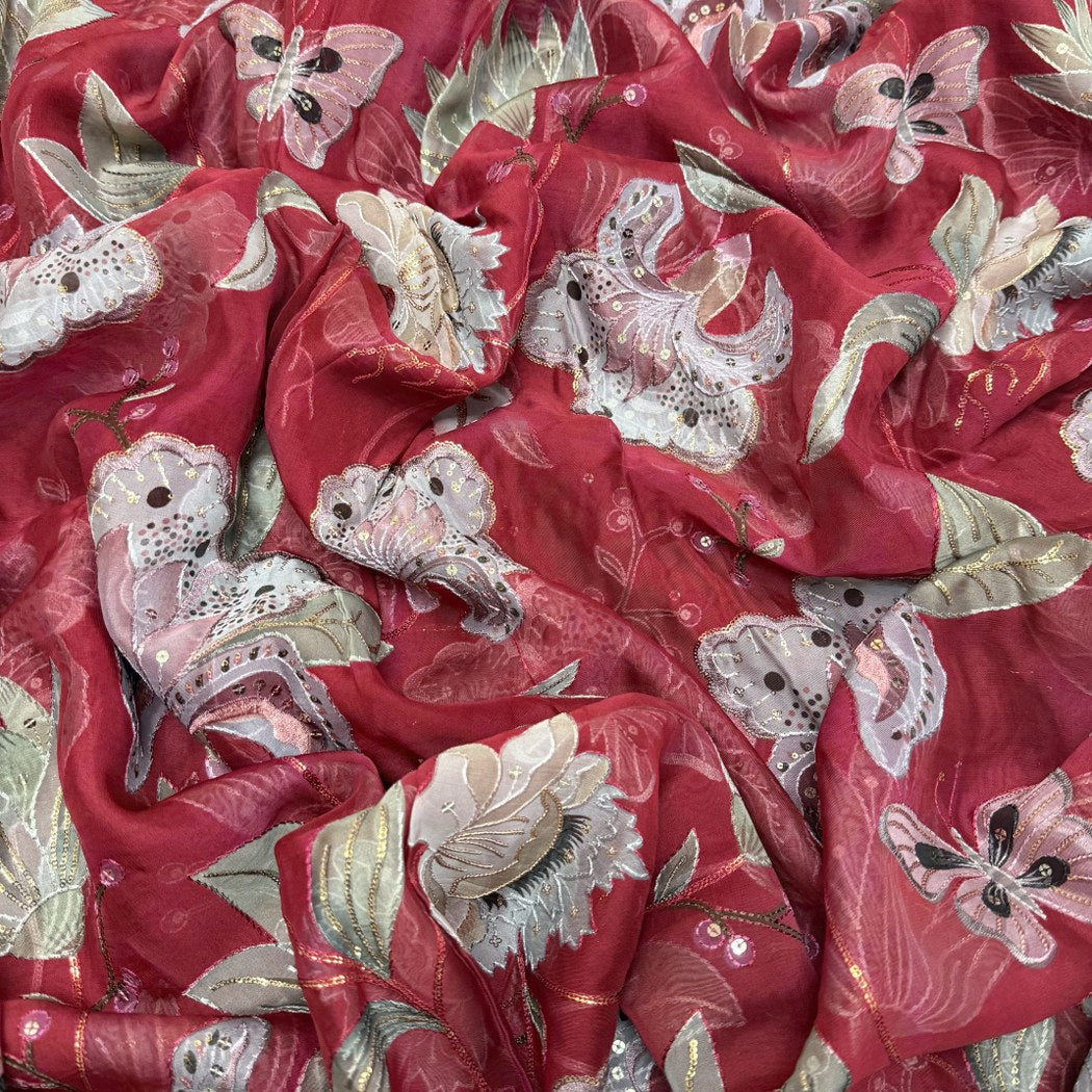 Viscose Organza Position Print With Sequins Embroidery