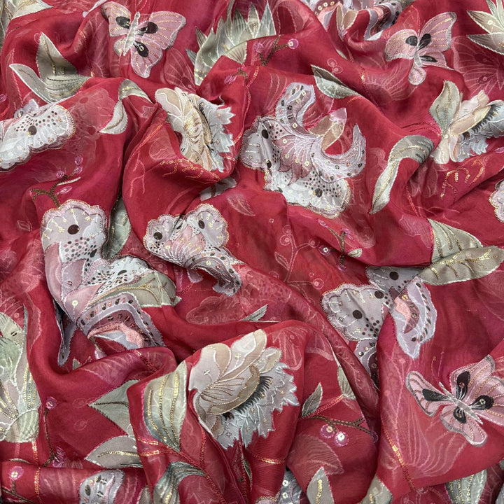 Viscose Organza Position Print With Sequins Embroidery