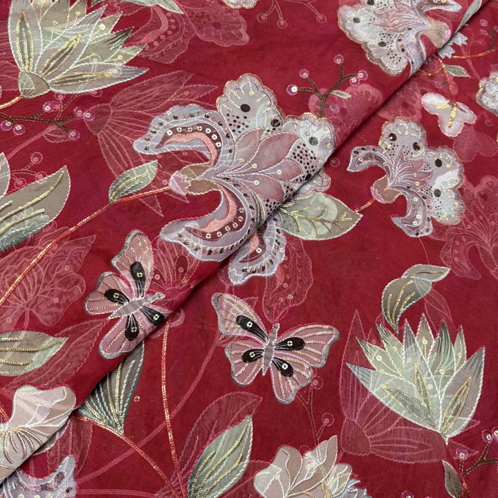 Viscose Organza Position Print With Sequins Embroidery