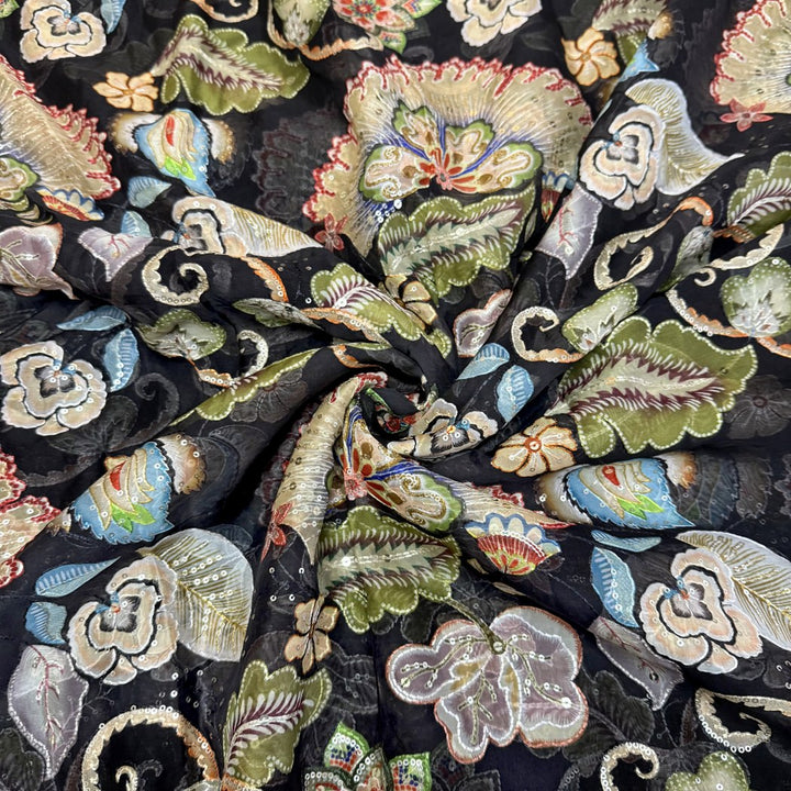 Viscose Organza Position Print With Sequins Embroidery