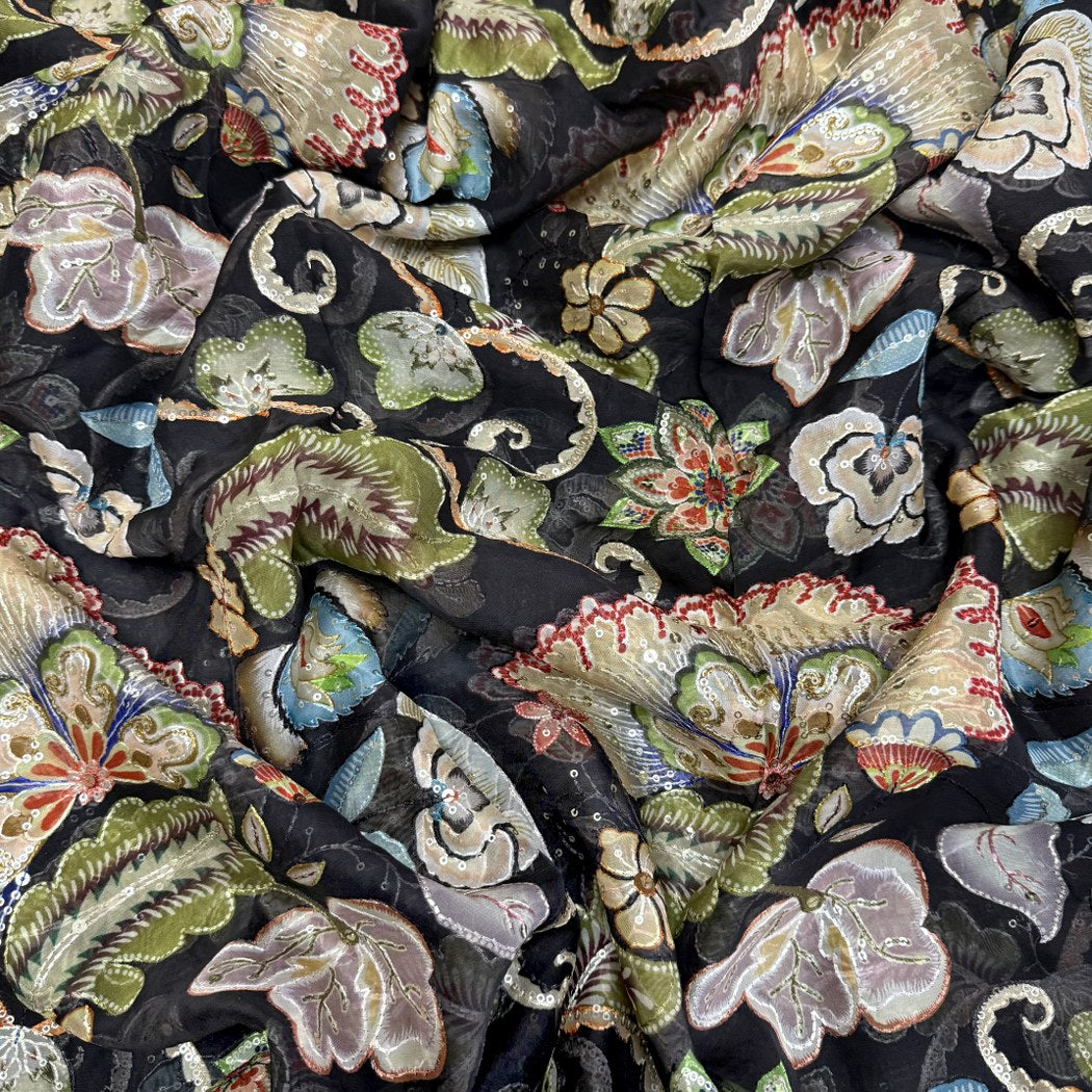 Viscose Organza Position Print With Sequins Embroidery