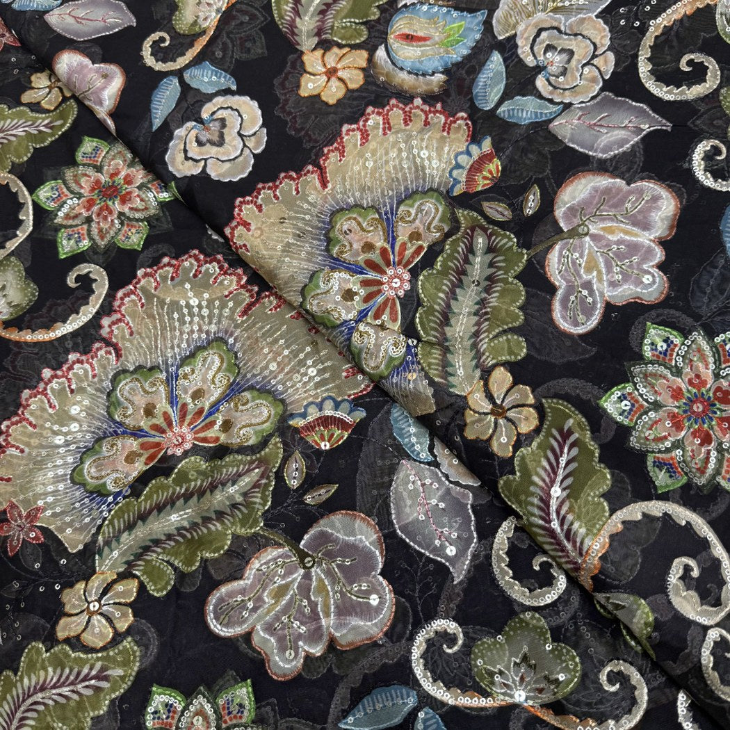 Viscose Organza Position Print With Sequins Embroidery