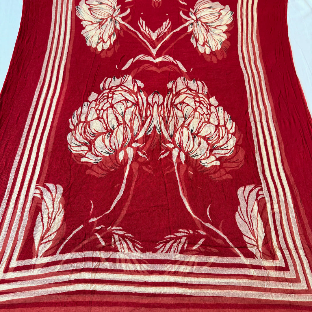 Red Printed Cotton Knot Unstitched Suit Set with Mirror Work