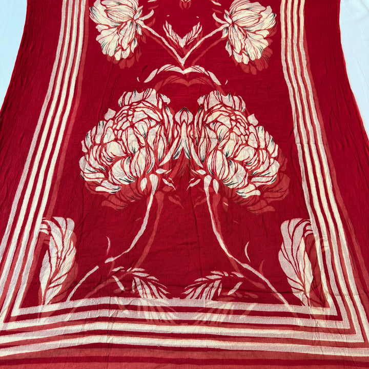 Red Printed Cotton Knot Unstitched Suit Set with Mirror Work