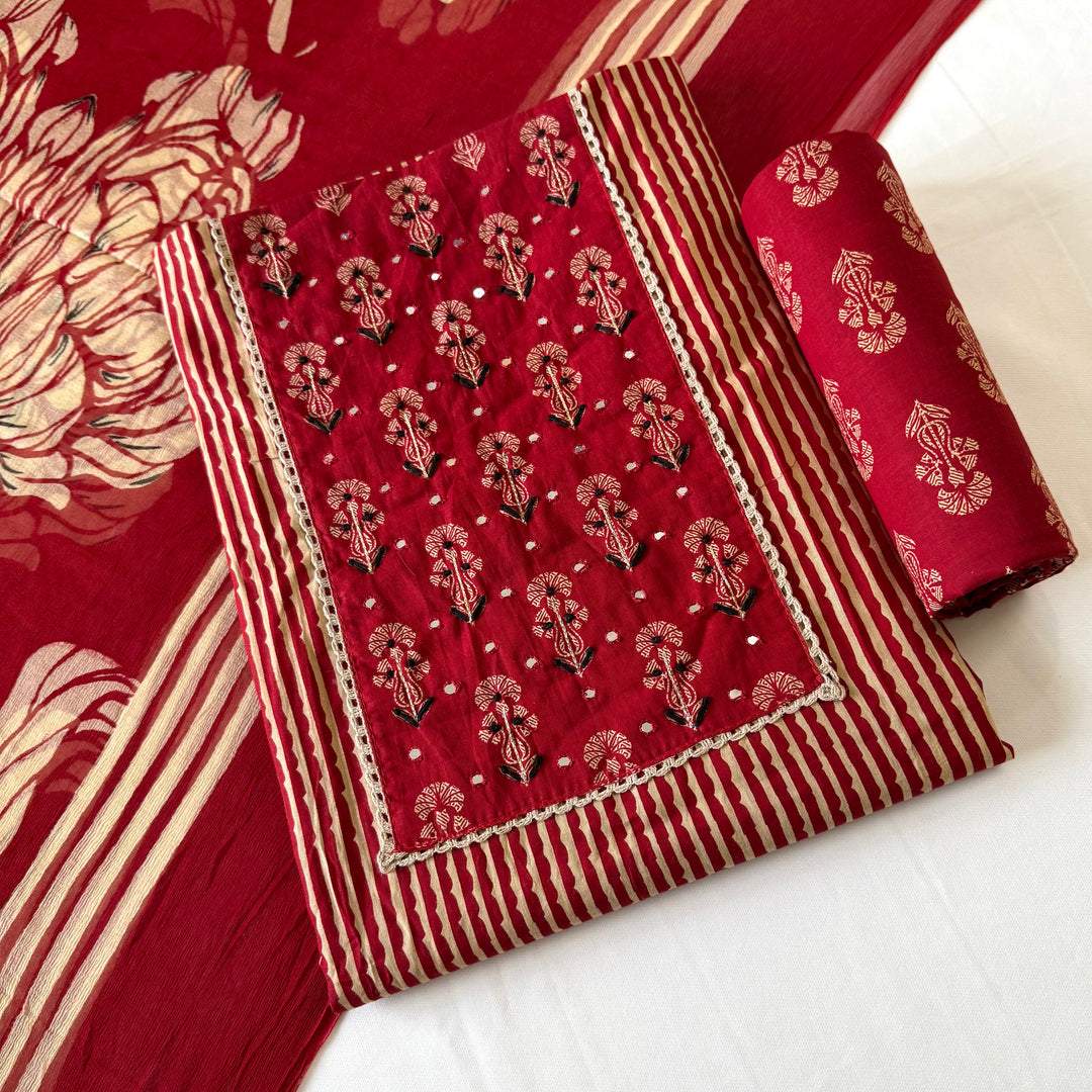 Red Printed Cotton Knot Unstitched Suit Set with Mirror Work