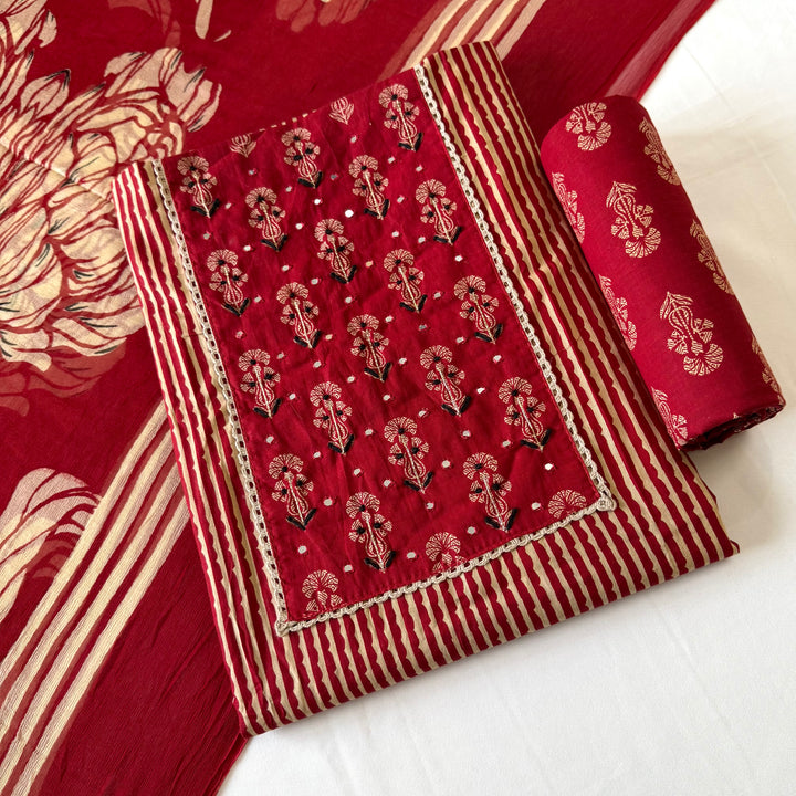 Red Printed Cotton Knot Unstitched Suit Set with Mirror Work