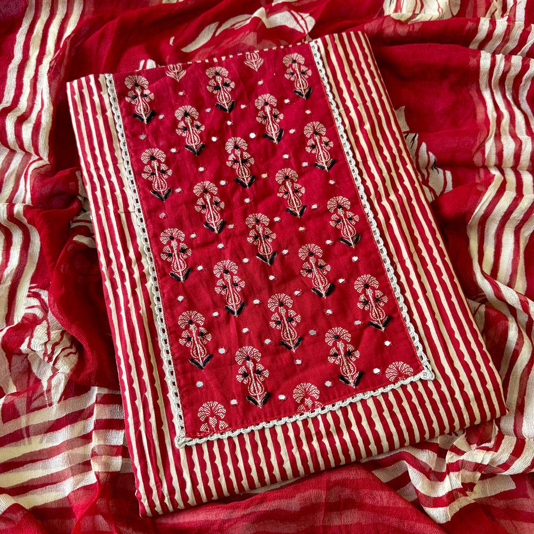 Red Printed Cotton Knot Unstitched Suit Set with Mirror Work