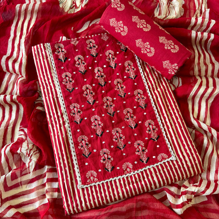 Red Printed Cotton Knot Unstitched Suit Set with Mirror Work