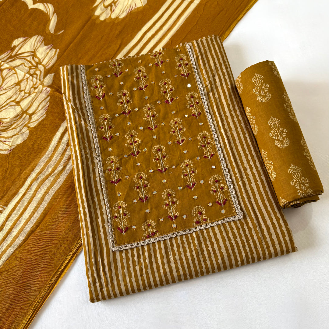 Mustard Gold Printed Cotton Knot Unstitched Suit Set with Mirror Work