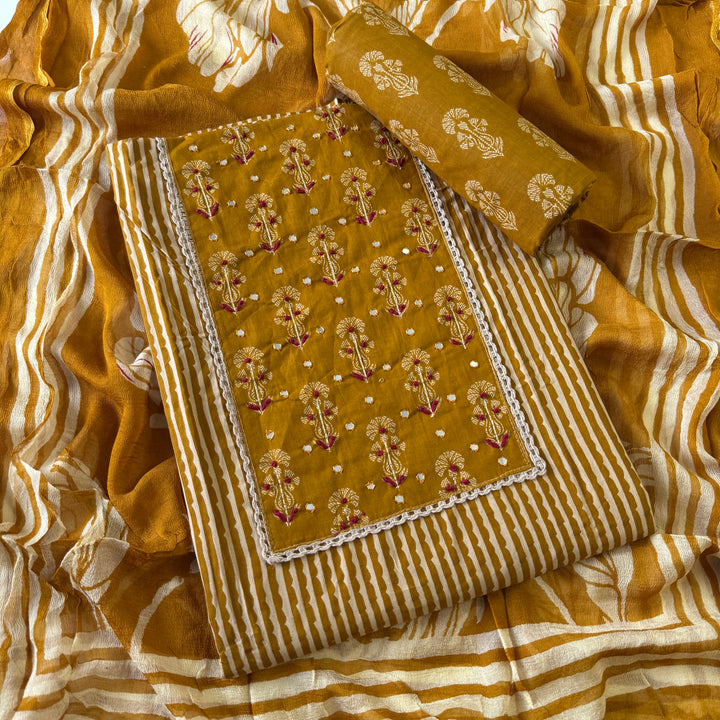 Mustard Gold Printed Cotton Knot Unstitched Suit Set with Mirror Work