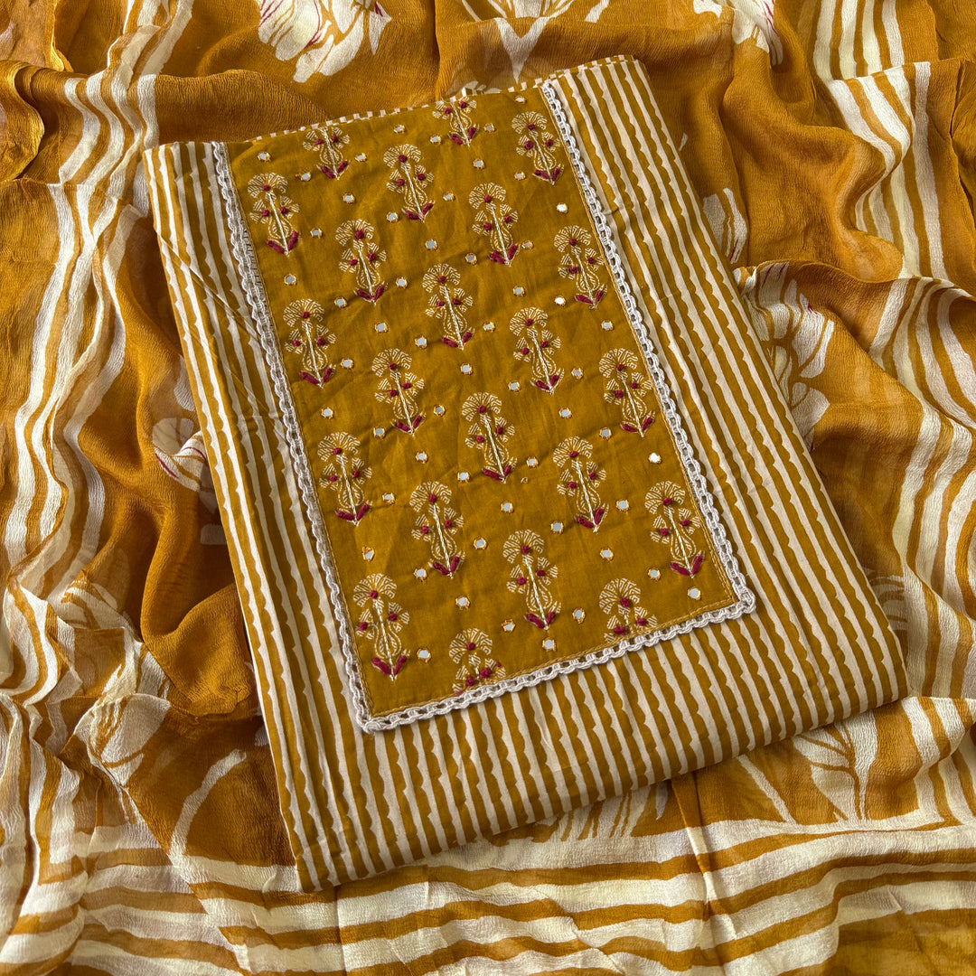 Mustard Gold Printed Cotton Knot Unstitched Suit Set with Mirror Work