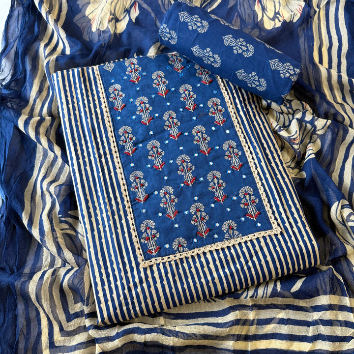 Indigo Blue Printed Cotton Knot Unstitched Suit Set with Mirror Work