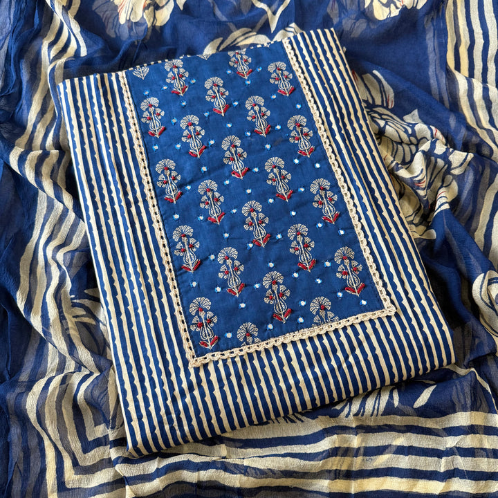 Indigo Blue Printed Cotton Knot Unstitched Suit Set with Mirror Work