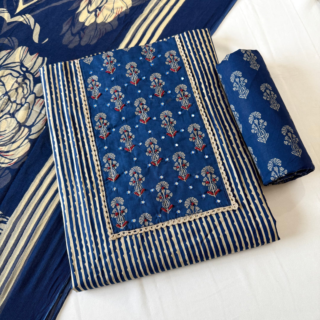 Indigo Blue Printed Cotton Knot Unstitched Suit Set with Mirror Work